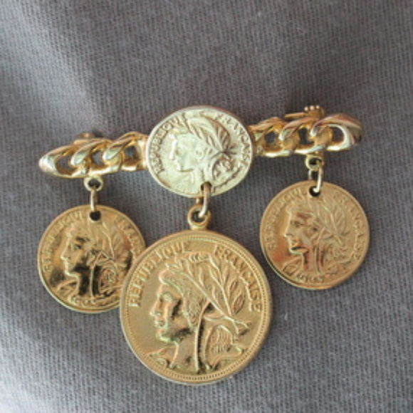 Republique Francaise Faux Coins Brooch Gold Tone - Picture 1 of 5